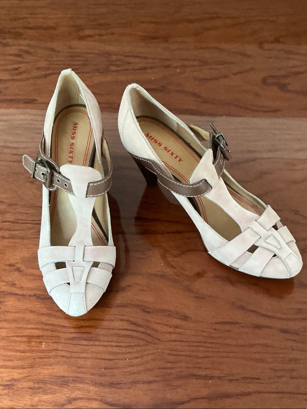 Miss Sixty Cream and Brown T-Strap Heels